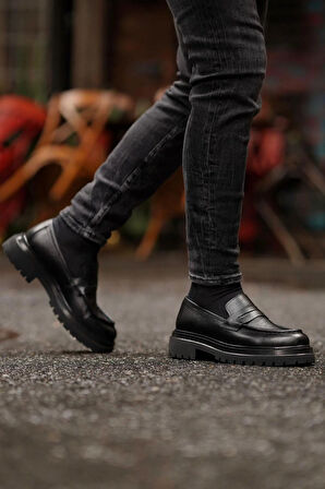 Shoetyle - Siyah Deri Bağcıksız Erkek Günlük Ayakkabı 610-1016-02