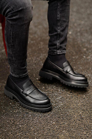 Shoetyle - Siyah Deri Bağcıksız Erkek Günlük Ayakkabı 610-1016-02