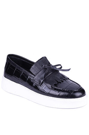 Shoetyle - Siyah Croco Deri Bağcıksız Erkek Günlük Ayakkabı 610-1001