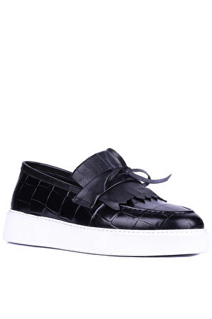 Shoetyle - Siyah Croco Deri Bağcıksız Erkek Günlük Ayakkabı 610-1001