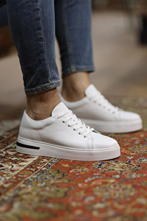 Shoetyle - Beyaz Deri Bağcıklı Erkek Sneaker 610-1002
