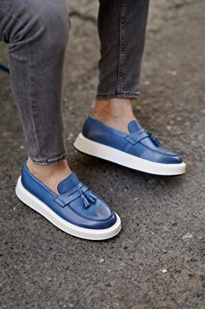 Shoetyle - Mavi Deri Bağcıksız Erkek Günlük Ayakkabı 610-1003