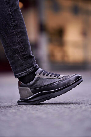 Shoetyle - Siyah Deri, Gri Süet Bağcıklı Erkek Günlük Ayakkabı 610-1006