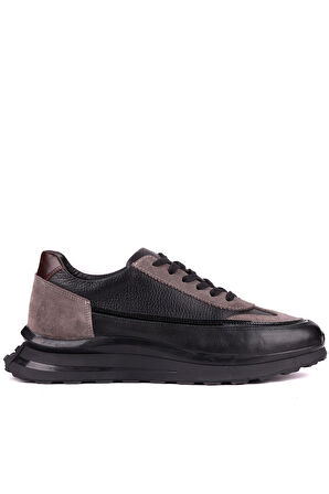Shoetyle - Siyah Deri, Gri Süet Bağcıklı Erkek Günlük Ayakkabı 610-1006