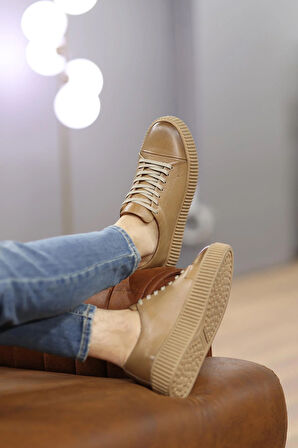 Shoetyle - Bej Deri Bağcıklı Erkek Sneaker 610-1007