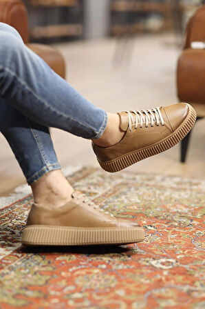 Shoetyle - Bej Deri Bağcıklı Erkek Sneaker 610-1007