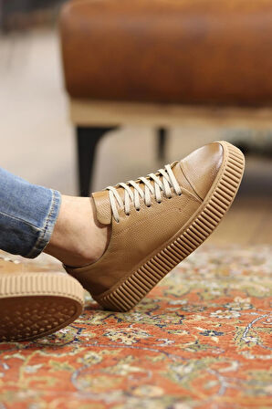 Shoetyle - Bej Deri Bağcıklı Erkek Sneaker 610-1007