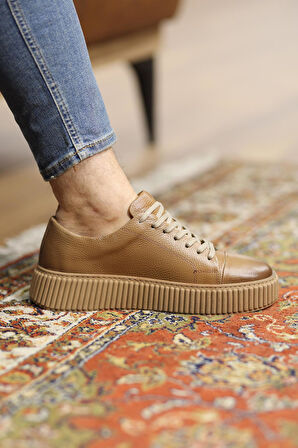 Shoetyle - Bej Deri Bağcıklı Erkek Sneaker 610-1007