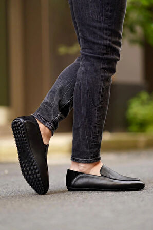 Shoetyle - Siyah Deri Bağcıksız Erkek Günlük Ayakkabı 610-1012