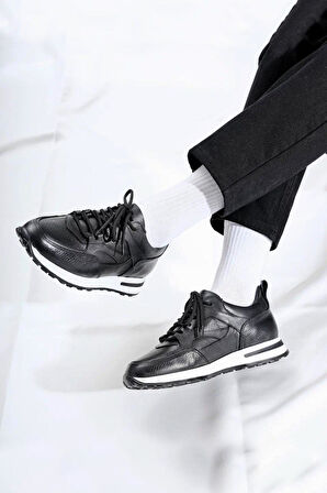 Shoetyle - Siyah Hakiki Deri Bağcıklı Erkek Sneaker 115-K511