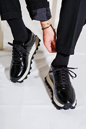 Shoetyle - Siyah Hakiki Açma Deri Bağcıklı Erkek Sneaker 115-K556