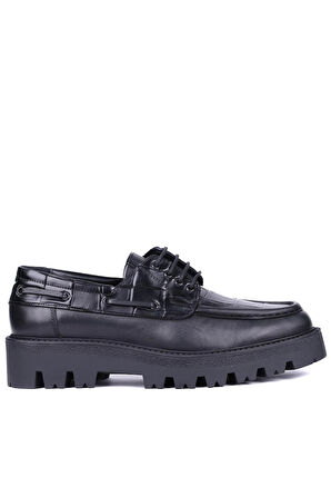 Shoetyle - Siyah Hakiki Deri Croco Desen Bağcıklı Erkek Günlük Ayakkabı 115-K512