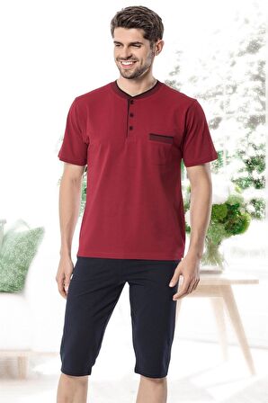 Kly V Yaka Şortlu İnce Çizgili Pamuk Penye Pijama Takımı