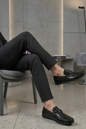 Fosco - Hakiki Deri Siyah Croco Erkek Loafer - 2094 