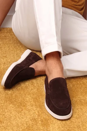 Shoetyle - Hakiki Süet Deri Kahverengi Erkek Loafer - 115-K664 