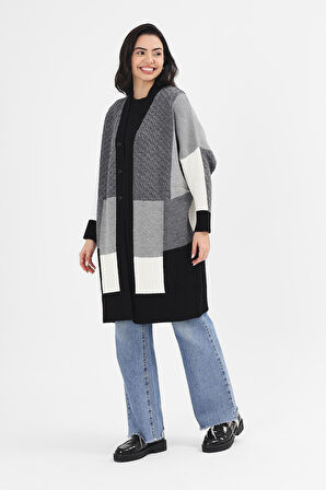 Kadın Siyah Düğmeli V Yaka Uzun Patchwork Desen Triko Hırka
