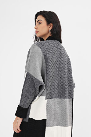 Kadın Siyah Düğmeli V Yaka Uzun Patchwork Desen Triko Hırka