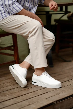 Shoetyle - Hakiki Deri Beyaz Renk Günlük Erkek Sneaker - 610-1005
