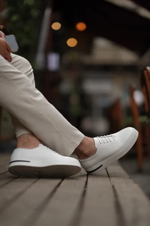 Shoetyle - Hakiki Deri Beyaz Renk Günlük Erkek Sneaker - 610-1005