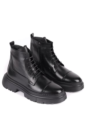 Shoetyle - Hakiki Deri Siyah Renk Fermuarlı Erkek Postal Bot - 250-13-206