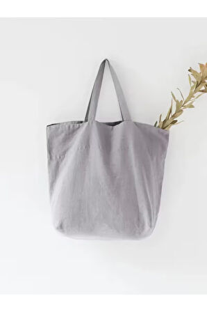 Açık Gri Keten Büyük Çanta