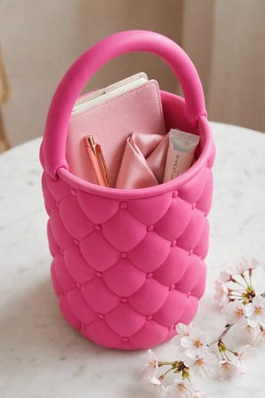 Estetik Kapitone Masa Düzenleyici Fırça Tutucu Pembe 3d Baskı Makyaj & Ofis Organizer