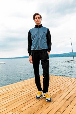 Erkek Siyah Iki Iplik Dik Yaka Fermuarlı Uzun Kol Eşofman Takımı - 7640