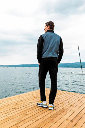 Erkek Siyah Iki Iplik Dik Yaka Fermuarlı Uzun Kol Eşofman Takımı - 7640