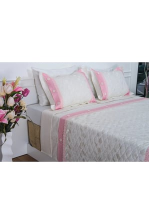 Gülfem Pamuk Baskılı Krem Pembe Yatak Örtüsü Çift Kş. 6 Parça 245X260 Cm 1450