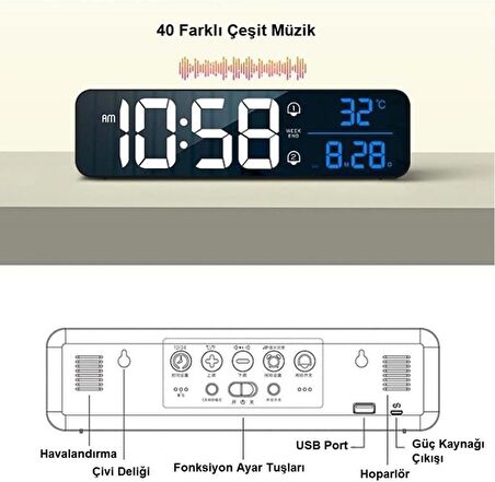 Alfalink HD LED Ekranlı Aynalı Elektronik Saat Sıcaklık Tarih Dijital Masa Saati