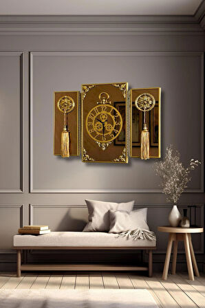  3Lü Gold Dikdörgen Aynalı Çerçeveli Püsküllü Duvar Saati Takımı, Wall Clock, Hediye, MS38-1