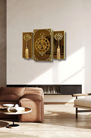  3Lü Gold Dikdörgen Aynalı Çerçeveli Püsküllü Duvar Saati Takımı, Wall Clock, Hediye, MS38-1