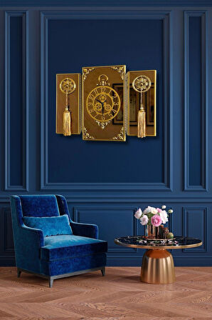  3Lü Gold Dikdörgen Aynalı Çerçeveli Püsküllü Duvar Saati Takımı, Wall Clock, Hediye, MS38-1