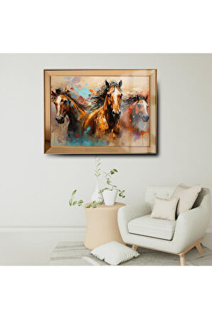 Gold Çerçeveli Yağlı Boya At Cam Ayna Çerçeveli Tablo