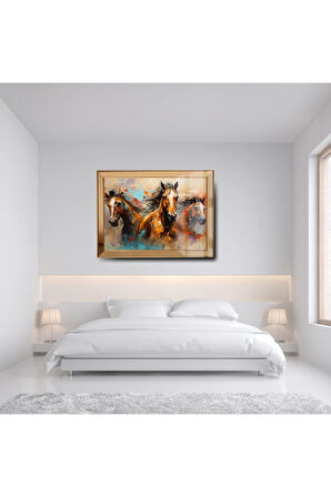 Gold Çerçeveli Yağlı Boya At Cam Ayna Çerçeveli Tablo