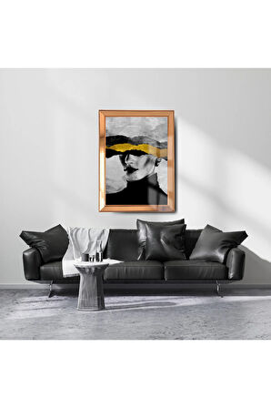 Gold Çerçeveli Varak Detaylı Gold Black Kadın Cam Ayna Çerçeveli Tablo