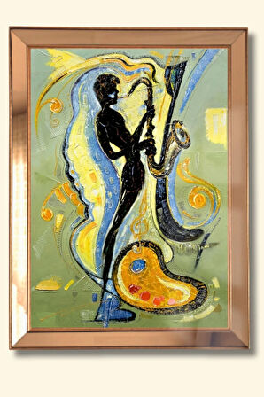 Gold Çerçeveli, Yağlı Boya Saksafonlu Cam Aynalı Çerçeve Tablo