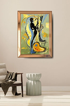 Gold Çerçeveli, Yağlı Boya Saksafonlu Cam Aynalı Çerçeve Tablo