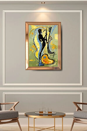 Gold Çerçeveli, Yağlı Boya Saksafonlu Cam Aynalı Çerçeve Tablo