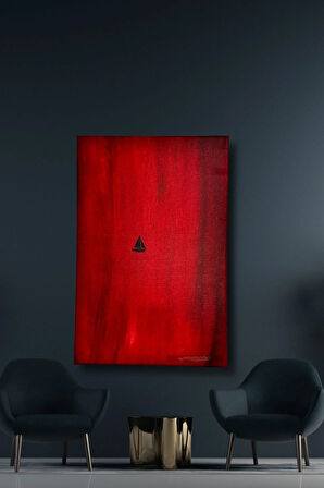 Dekoratif Duvar Dekorasyonu Kanvas Kırmızı Renkli Zemin Üzerine Mini Yelkenli Tablo