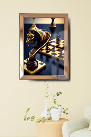 Gold Satranç Cam Ayna Çerçeveli Cama Baskılı Tablo