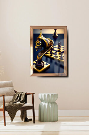 Gold Satranç Cam Ayna Çerçeveli Cama Baskılı Tablo