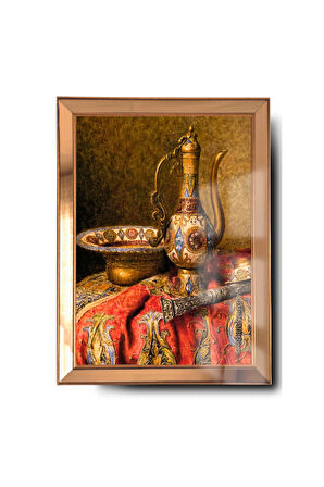 Ayna Çerçeveli Cama Baskılı Ottoman Etnik Cam Kırmızı Gold Tablo