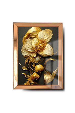 Ayna Çerçeveli Cama Baskılı 3d Çiçek Cam Gold Siyah Detaylı Tablo