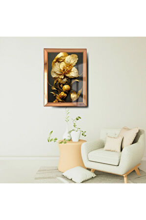 Ayna Çerçeveli Cama Baskılı 3d Çiçek Cam Gold Siyah Detaylı Tablo