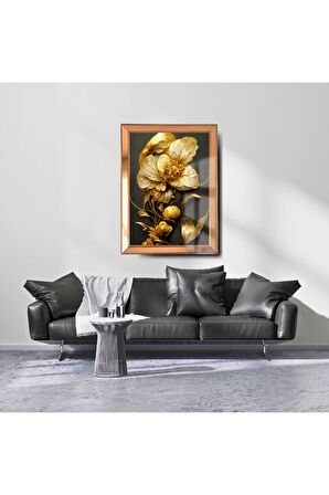 Ayna Çerçeveli Cama Baskılı 3d Çiçek Cam Gold Siyah Detaylı Tablo