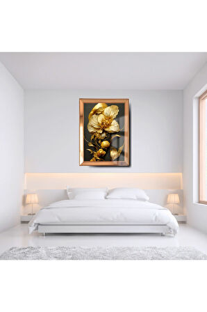 Ayna Çerçeveli Cama Baskılı 3d Çiçek Cam Gold Siyah Detaylı Tablo