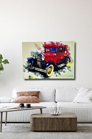 Klasik Araba Kırmızı Renkli Dekoratif Duvar Dekorasyonu Sulu Boya Efektli Renkli Kanvas Tablo