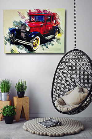 Klasik Araba Kırmızı Renkli Dekoratif Duvar Dekorasyonu Sulu Boya Efektli Renkli Kanvas Tablo