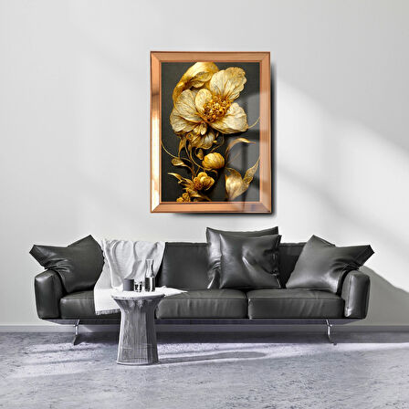 Ayna Çerçeveli Cama Baskılı 3d Çiçek Cam Gold Siyah Detaylı Tablo 50*70